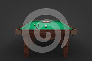 3d rendering of a billiards table with two cue sticks and a rack with balls on its surface.