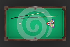 3d rendering of a billiards table with two cue sticks and a rack with balls in top view.