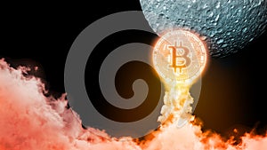 3D Rendering of Bitcoin BTC acting likes rocket lift off and heading to moon.