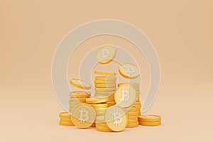 3D rendering of Bitcoin coins in various stacks on on glod background