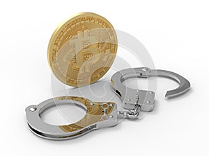 3D rendering - Bitcoin reflecting in handcuffs