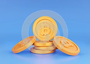 3d Rendering Bitcoin Stack on Blue Background