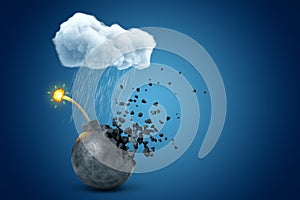 3d rendering of black ball bomb with burning fuse, disintegrating into pieces under raining cloud on blue background.