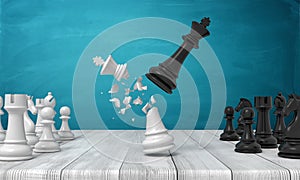 3d rendering of a black chess king flying and crashing a white king near other chess figures on a wooden desk.