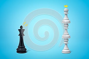 3d rendering of black chess king standing opposite three white pawns on top of one another on light blue background.