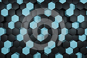 3d rendering, black and cyan hexagon cubes