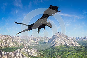 3D rendering of a black dragon or wyvern fantasy creature flying over a mountainous landscape with blue sky