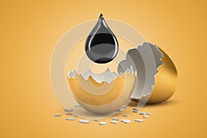 3d rendering of black drop suspended in air above two parts of broken gold eggshell.
