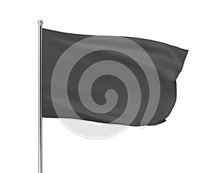 3d rendering of black flag hanging on post and wavering on a white background.