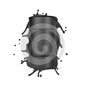 3d rendering of black metal barrel splashing isolated on white background