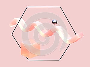 3d rendering black metal hexagon frame abstract geometric shape pink