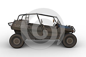 3D rendering of a black ops military all terrain vehicle seen from the side isolated on a white background