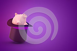 3d rendering of a black tophat upside down with a cute piggy bank sitting inside on a purple background with lots of