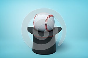 3d rendering of black tophat upside down with white baseball inside on light blue background.