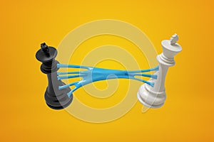 3d rendering of black and white chess kings, connected with blue sticky slime, against amber background.