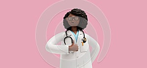 3d rendering. Black woman doctor shows thumb up. Like gesture. Therapist cartoon character, healthcare professional, isolated on