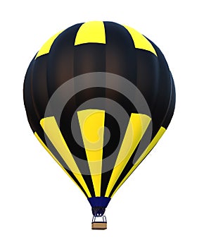 3D rendering of a black and yellow hot air balloon in flight isolated on white