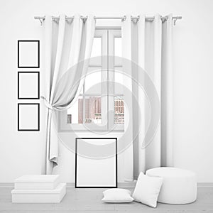 3D rendering of blank photo frames surrounding a window with white curtains