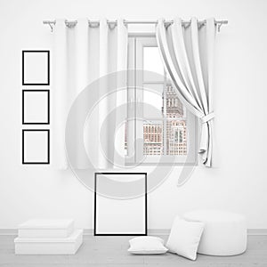 3D rendering of blank photo frames surrounding a window with white curtains
