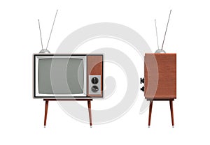 3d rendering of a blank retro TV set with an antenna stands on a low four legged table on white background.