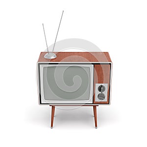 3d rendering of a blank retro TV set with an antenna stands on a low four legged table on white background.