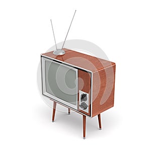 3d rendering of a blank retro TV set with an antenna stands on a low four legged table on white background.