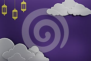 3d rendering of Blank Space Wall Purple, Cloud, Lampion and Ramadhan Theme