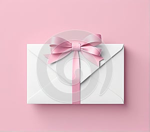 3D Rendering of Blank White Gift Card with Pink Ribbon Bow in Envelope, Isolated on Pastel Pink Background.