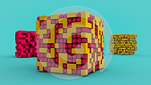 3D rendering of a blue background and a yellow abstract cube with cubic voids filled with red balls. In the background, a cube