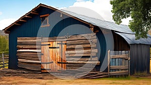 3d rendering of a blue barn with wooden door and barns