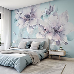 3d rendering of blue bedroom with flowers on wall and wooden floor