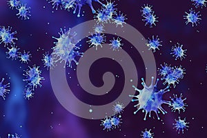 3D rendering, blue coronavirus cells covid-19 influenza flowing on abstract blue background