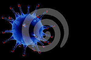 3D rendering, blue coronavirus cells covid-19 influenza flowing on black background as dangerous flu strain cases as a pandemic