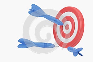 3d rendering Blue darts hitting the success target. Arrow hit the center of target. Business goal and achievement