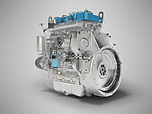 3D rendering of blue diesel engine for car assembly on gray background with shadow