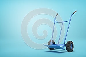 3d rendering of blue empty hand truck standing upright in half-turn on light-blue background with much copy space.