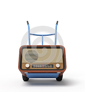 3d rendering of blue hand truck standing in half-turn with brown retro radio set on it.