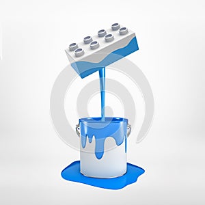 3d rendering of blue paint pouring from lego piece into silver metal paint bucket isolated on white background