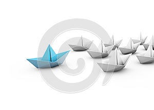 3D rendering of a blue paper boat leading a group of white paper boats- leader, teamwork concept