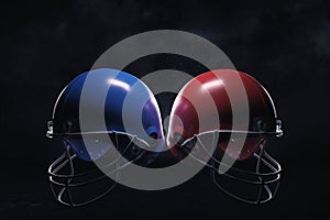 3d rendering of a blue and a red American football helmets hanging near each other on a dark background.