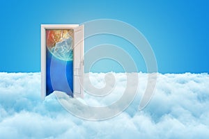 3d rendering of blue sky and white clouds with a doorway portal to an outer space and the Earth planet