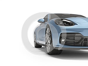 3D rendering of blue sports car on white background with shadow