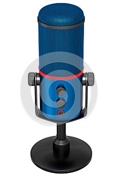 3D rendering of blue studio condenser microphone isolated on white background