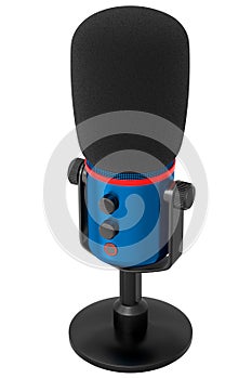 3D rendering of blue studio condenser microphone isolated on white background