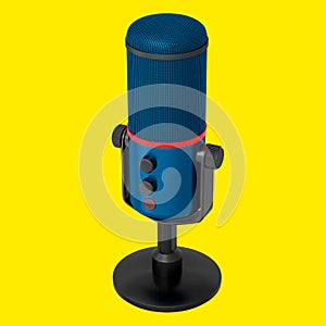 3D rendering of blue studio condenser microphone isolated on yellow background