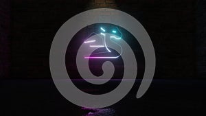 3D rendering of blue violet neon symbol of dragon icon on brick wall