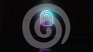 3D rendering of blue violet neon symbol of fingerprint09 icon on brick wall