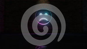 3D rendering of blue violet neon symbol of frown icon on brick wall