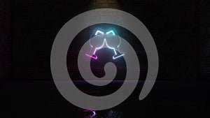 3D rendering of blue violet neon symbol of glass cheers icon on brick wall