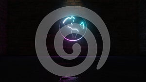 3D rendering of blue violet neon symbol of globe Americas icon on brick wall